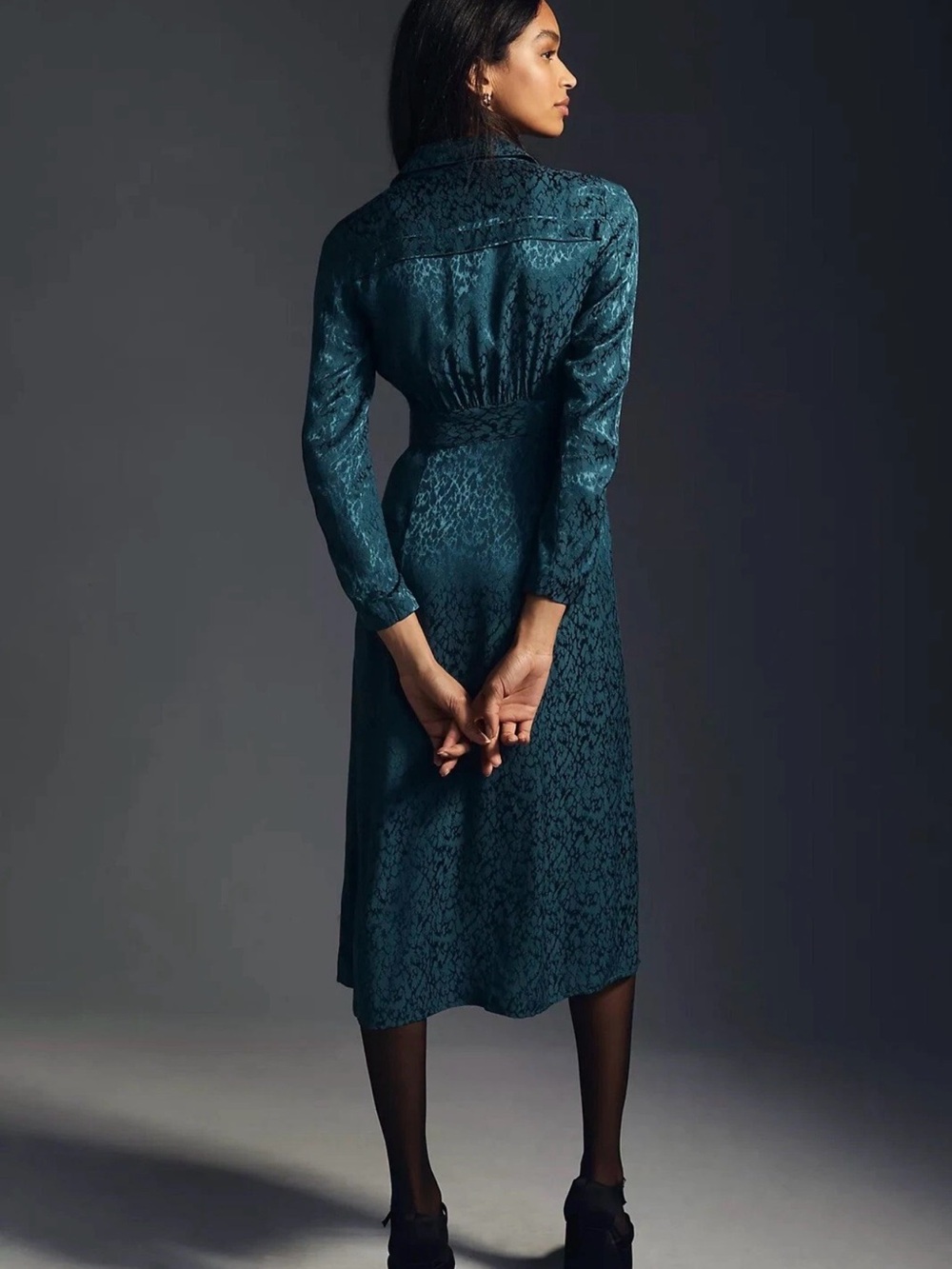 Anthropologie Blazer Wrap Dress Dark Teal Satin Textured Midi Long Sleeve Sz 8 - Picture 2 of 12